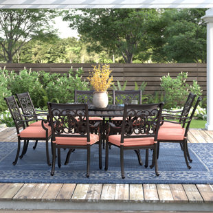 THREE POSTS™ Caseyville 10-Piece Patio Dining Set With Cushions And 64'' Square Dining Table And Lazy Susan