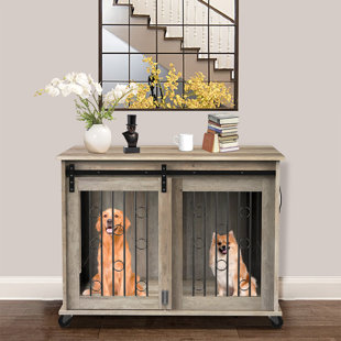 TUCKER MURPHY PET™ 39"W Dog Crate Furniture With Sliding Barn Door, Wood Dog Kennel End Table With Wheels & Flip-Top Plate, Dog House With Detachable Divider