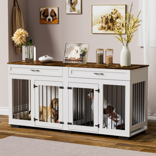 TUCKER MURPHY PET™ Large Dog Crate Furniture, Wooden Dog Kennel With Room Divider And 2 Tray, Double Doors With Locks, Heavy Duty Dog Kennel Furniture For 2 Large Dogs