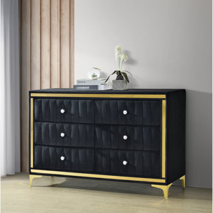 MERCER41 Merijn Velvet 6 Drawer Dresser Fully Assembled with Gold Legs and Trim