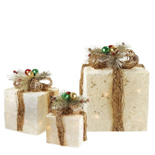 NORTHLIGHT SEASONAL Set of 3 Lighted Cream Gift Boxes with Twine Bows Outdoor Christmas Decorations 10"