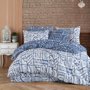 ADAMIMPEX 3 Pieces Navy Blue Geometric Pattern Modern Double Face 100% Cotton Duvet Cover Set