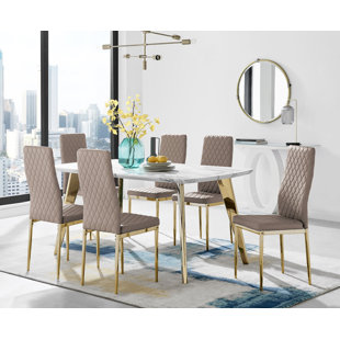 FURNITURE BOX Anders Modern High Gloss Marble Effect Dining Table Set with 6 Quilted Faux Leather Dining Chairs