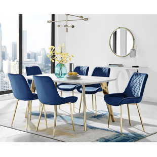FURNITURE BOX Anders Modern High Gloss Marble Effect Dining Table Set with 6 Luxury Velvet Dining Chairs