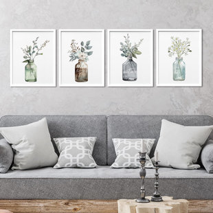 Bottled Plant " IDEA4WALL Framed Pastel Forest Leaf Glass Vase Wall Art, Set Of 4 Nature Wilderness Wall Decor Prints, Botanical Floral Wall Decor For Living Room, Bedroom " 4 - Pieces