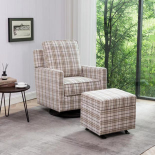 WOVENBYRD Camelot Glider Swivel Chair And Ottoman Set - Brown And Gray Plaid