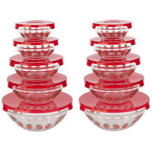 CHEF BUDDY 20-Piece Glass Bowls with Lids Set - Strawberry Design Mixing Bowls Set with Multiple Sizes