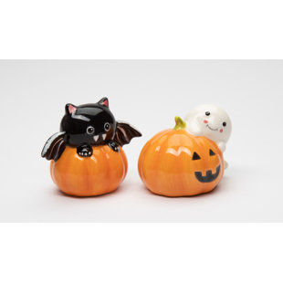 COSMOS GIFTS Pumpkin Kitty Bat And Ghost Salt And Pepper Shaker Set