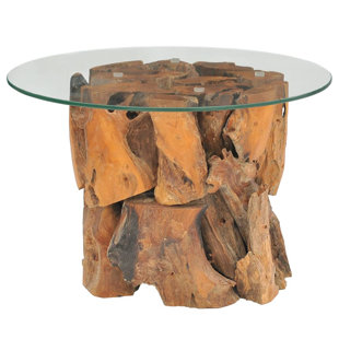 MILLWOOD PINES Coffee Table Round End Table with Glass Tabletop Solid Teak Driftwood