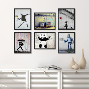SIGNLEADER Banksy Graffiti & Street Pop Art Modern Contemporary Framed On Paper 6 Pieces Print Set Wall Art