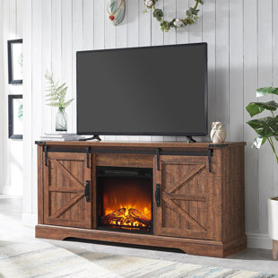 GRACIE OAKS Lysle Farmhouse Fireplace TV Stand For 65 Inch TV with 18" Electric Fireplace & Timer,Wood Media Console with Sliding Barn Door Storage Cabinet