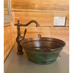 SIMPLYCOPPER 15" Round Copper Vessel Bath Sink Bucket with Green Patina Exterior, Drain Included