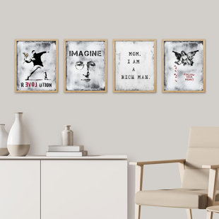 SIGNLEADER " Banksy Style Grunge Typography Wall Art Set Of 4 Boy's Bedroom Illustration Prints Contemporary " 4 - Pieces