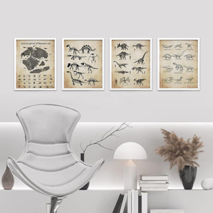 SIGNLEADER " Retro Vintage Duotone Sepia Dinosaur Museum Skeletons Wall Art Set Of 4 Illustration Prints Contemporary " 4 - Pieces