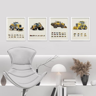 SIGNLEADER " Kids Tractor Trailer Truck Collage Wall Art Set Of 4 Illustration Prints Contemporary " 4 - Pieces