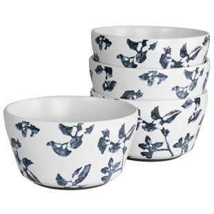 GIBSON Bee and Willow Milbrook 4 Piece Stoneware Cereal Bowl Set in Blue Floral