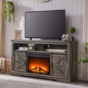 GRACIE OAKS Aubriella Farmhouse Fireplace TV Stand For 65+ Inch TV With 23'' Electric Fireplace & Timer, Rustic Media Console With Sliding Barn Door & Storage Cabinet