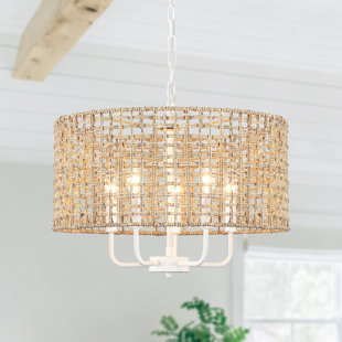 BAY ISLE HOME™ Ekkehard 5 - Light Dimmable Drum Chandelier Natural Rattan Bohemian Pendant