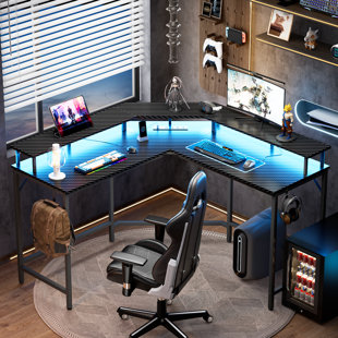 INBOX ZERO Lakitha 50" L Shaped Computer Gaming Home Office Corner Desk with LED Lights,Power Outlets,Hook and Monitor Shelves-Carbon Fiber