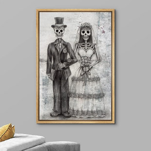 IDEA4WALL Moody Skull Gothic Wedding Skull Couple Artwork Oversize Framed Canvas Painting Print Wall Art