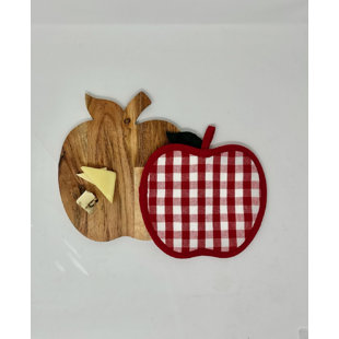 DREW DEROSE DESIGNS Red Gingham Apple Potholder With Apple Shaped Cutting Board