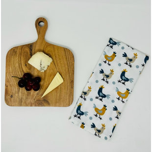 DREW DEROSE DESIGNS Square Cutting Board With Multi Colored Rooster Tea Towel