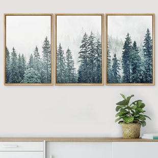 IDEA4WALL Misty Forest Landscape "Pine Tree Nature Woodland Nursery Decor Framed Canvas Print 3 Piece Wall Art