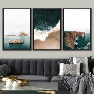 IDEA4WALL Green Coastal Beach Ocean Photograph Nautical Artwork Framed On Canvas 3 Pieces Print Wall Art