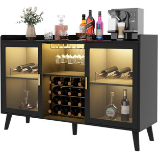 WROUGHT STUDIO™ Ermo Wine Bar Cabinet with Led Light, Home Coffee Cabinet with Wine and Glass Rack