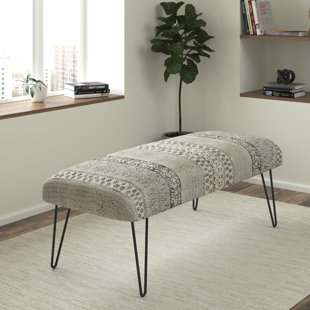 EVETTE RIOS Benches Modern Boho Gray/Ivory Floral / Flower Handmade Upholstered Bench
