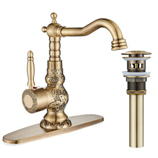 ALENARTWATER Bathroom sink Faucet Carved Flower Antique Brass Single Hole Single Handle Swivel Spout Sink Bathroom Vessel Faucet Mixer Tap with Supply Hose and Pop Up Drain Assembly