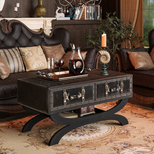 WILLISTON FORGE Spemer Vintage Ottoman Coffee Table, Mid-Century Faux Leather Storage Ottoman Bench