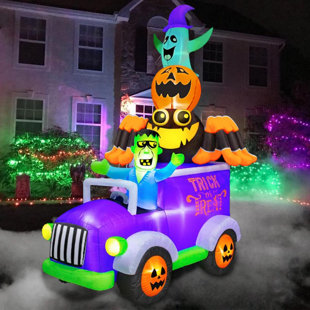 THE HOLIDAY AISLE® 8Ft Halloween Inflatable Horror Frankenstein Driving A Car With Spider, Pumpkin And Ghost, LED Blow Up Lighted Decor Indoor Outdoor Holiday Art Decor Decorations