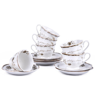 WILDON HOME® Goldia Fine Porcelain Espresso Coffee Cup with Saucer (Set of 6)