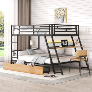 MASON & MARBLES Zillah Metal Bunk Bed with Built-in Desk, Light and 2 Drawers