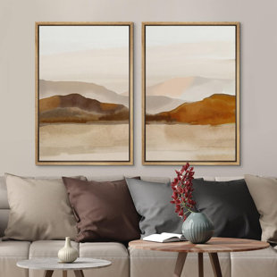 IDEA4WALL Abstract Landscape Neutral Watercolor Brown Mountain Artwork Framed Canvas 2 Pieces Print Wall Art