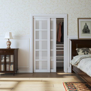 HOME WORTHY 5 Lite Tempered Frosted Glass White Closet Sliding Door with Hardware (No Assembly Required)