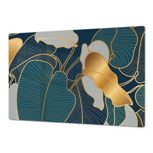 FESTIVE FIT HOME Stove Top Cover - Gold and Teal Palms Noodle Board Glass Gas and Induction Cook Top Cover