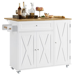 LAUREL FOUNDRY MODERN FARMHOUSE® Barr Movable Kitchen Island with Towel Rack, Rubber Drop Leaf (15.75"/27.56" D), and Storage Pantry Door