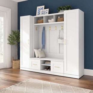 EVERLY QUINN Yerani 48W Full Entryway Storage Set with Hall Tree, Shoe Bench with Doors and Narrow Cabinets