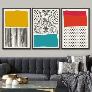 IDEA4WALL Abstract Vibrant Color Blocks " Line Art With Yellow And Red Squares Geometric Line " 3 - Pieces