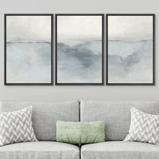 Minimal Landscape " IDEA4WALL Framed Canvas Print Wall Art Set Pastel Watercolor Gray Paint Stroke Landscape Abstract Shapes Illustrations Decorative Relax/Calm Zen For Living Room, Bedroom, Office " 3 - Pieces