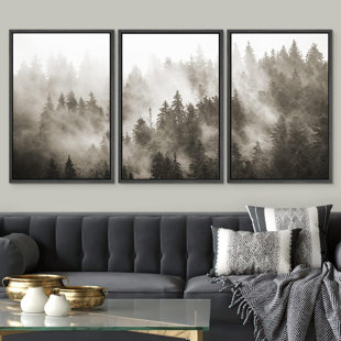 IDEA4WALL Framed Canvas Print Wall Art Woodland Nursery Decor Set Sunlight Fog Sepia Mountain Forest Nature Wilderness Modern Art Rustic Landscape For Living Room, Bedroom, Office Framed On Canvas 3 Pieces Print