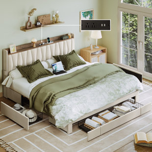 IVY BRONX Upholstered Bed Frame with 3 Drawers, Bed with Storage Headboard and Charging Station