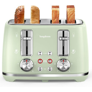 Longdeem 4-Slice Toaster, 1500W, Wide Slots, Stainless Steel, 6 Settings, Green