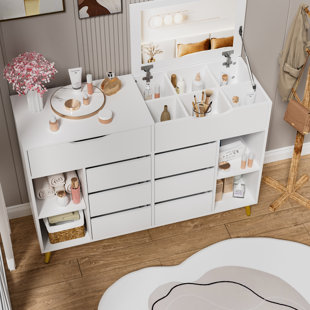 MERCER41 Queri White Dresser, Modern Storage Dresser with Mirror, Dressers & Chests of Drawers, Bedroom Closet