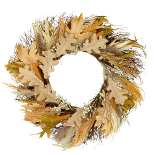 NORTHLIGHT SEASONAL Cattail and Wheat Twig Artificial Fall Harvest Wreath 24-Inch