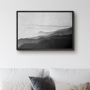Minimal Landscape " IDEA4WALL Framed Canvas Print Wall Art Black Gray Watercolor Foggy Mountains Abstract Nature Illustrations Modern Art Decorative Elements Duotone For Living Room, Bedroom, Office "