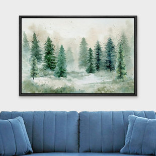 Woodland Forest Landscape " IDEA4WALL Framed Canvas Print Wall Art Woodland Nursery Decor Pastel Green Pine Tree Forest Landscape Nature Wilderness Fine Art Decorative Rustic For Living Room, Bedroom, Office "