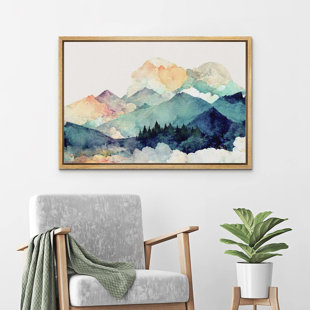 Sun Mountain Range " IDEA4WALL Framed Canvas Print Wall Art Pastel Multicolor Mountain Landscape Nature Wilderness Illustrations Modern Art Decorative Country Farmhouse For Living Room, Bedroom, Office "
